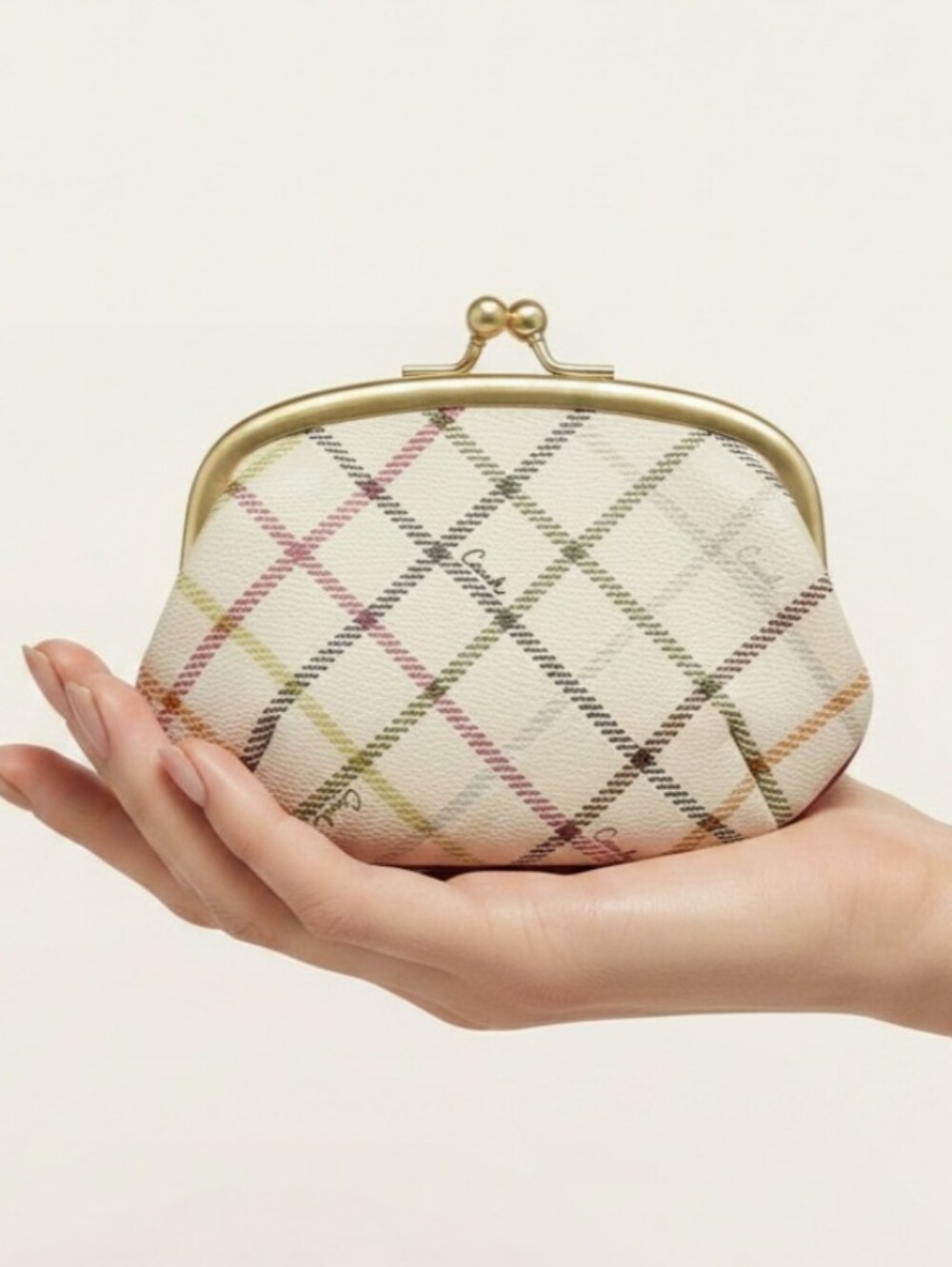 Coach Vintage Poppy Tattersall Kiss-Lock Coin Purse Brass Frame Pouch Est 1941